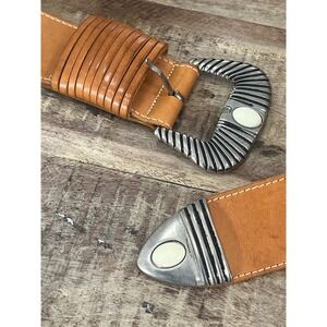 Vintage Tan Leather Belt White Stone Like Inlay Western Boho Style